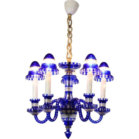 Image 1 of Vintage kroonluchter van blauw glas, Tsjecho-Slowakije 1940