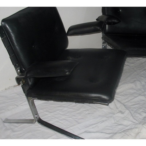 Paar vintage "Joker" fauteuils in chroomstaal en zwart leer van Olivier Mourgue voor Airborn, Frankrijk 1970