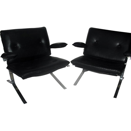 Paar vintage "Joker" fauteuils in chroomstaal en zwart leer van Olivier Mourgue voor Airborn, Frankrijk 1970