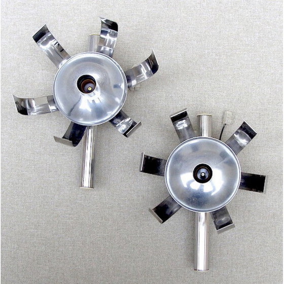 Image 1 of Paar vintage "fleur de lumière" wandlampen in verchroomd aluminium van Jocelyne Trocmé, 1970