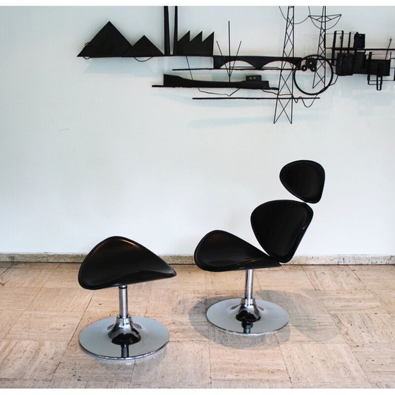 Image 1 of Vintage zwart leren lounge stoel en voetenbank