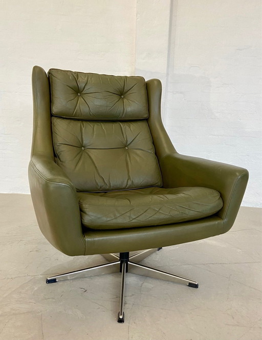 Deense Vintage Mid Century Olijfgroene Lederen en Verchroomde Fauteuil 1970,S