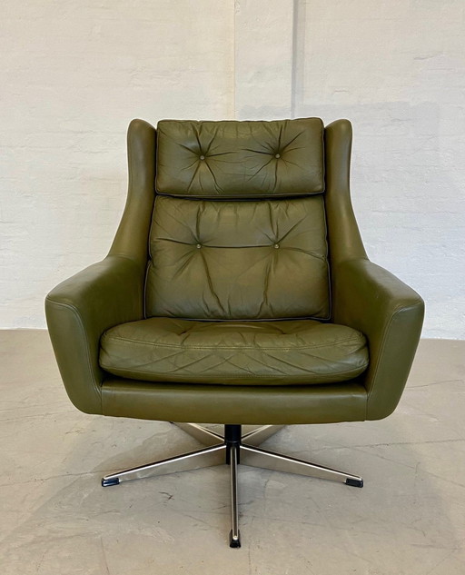 Deense Vintage Mid Century Olijfgroene Lederen en Verchroomde Fauteuil 1970,S