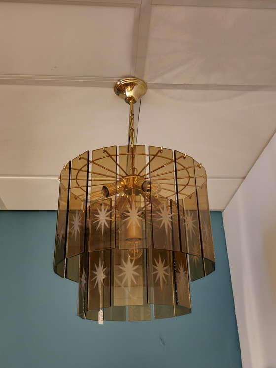 Image 1 of Vintage Rookglazen Platen Hanglamp Kroonluchter Lamp