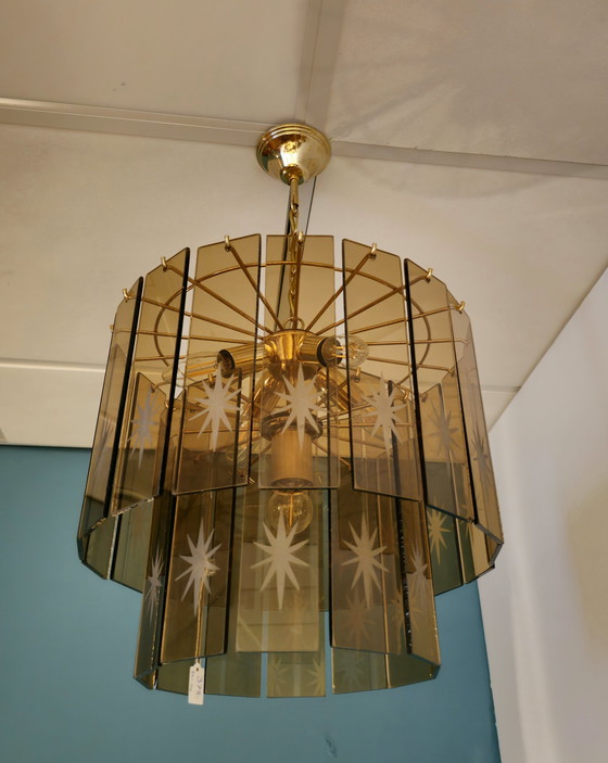 Image 1 of Vintage Rookglazen Platen Hanglamp Kroonluchter Lamp