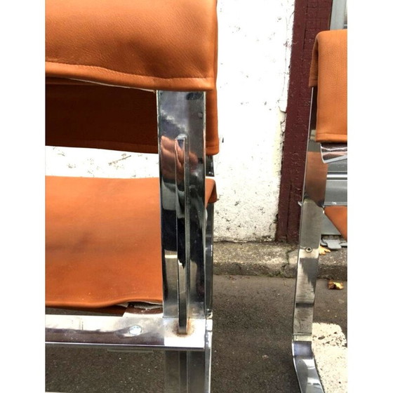 Image 1 of Paar vintage cognac leren en chromen fauteuils, Italië 1970