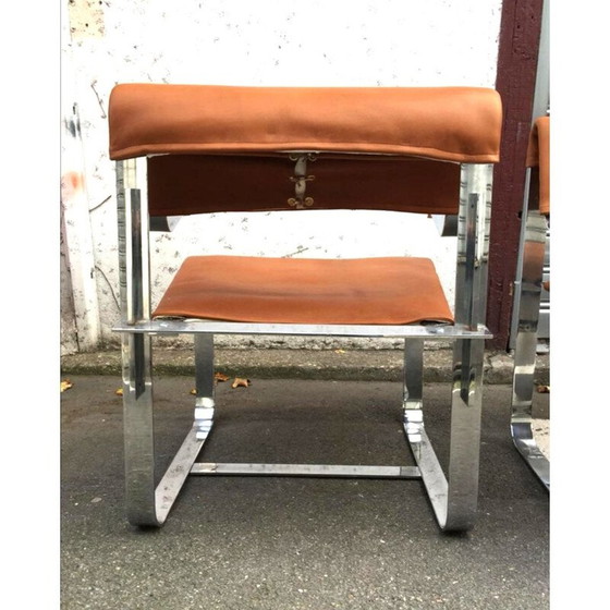 Image 1 of Paar vintage cognac leren en chromen fauteuils, Italië 1970