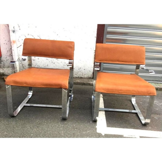 Image 1 of Paar vintage cognac leren en chromen fauteuils, Italië 1970