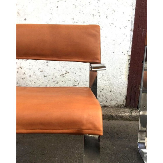 Image 1 of Paar vintage cognac leren en chromen fauteuils, Italië 1970