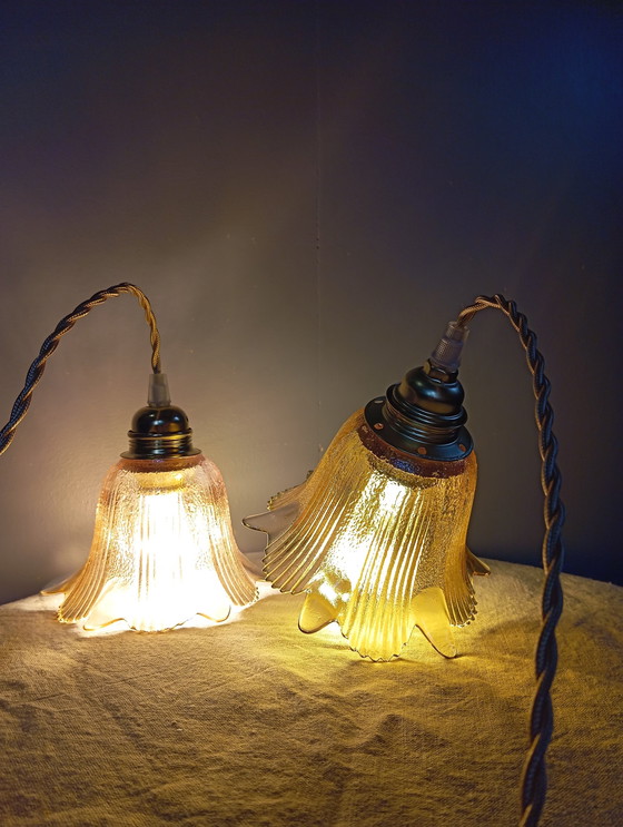 Image 1 of Duo Amber Glas Retro Chic Staande Lampen