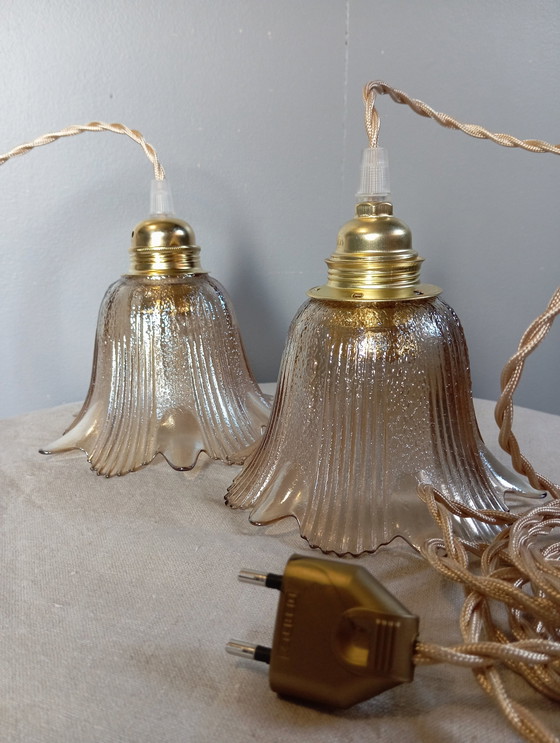 Image 1 of Duo Amber Glas Retro Chic Staande Lampen