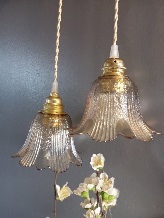 Image 1 of Duo Amber Glas Retro Chic Staande Lampen