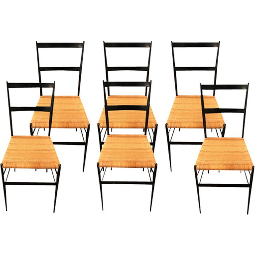 Set van 6 vintage Superleggera stoelen in zwart gelakt essenhout van Gio Ponti voor Cassina, Italië 1955