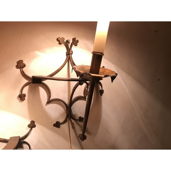 Image 1 of Paar vintage verguld metalen wandlampen met klaverblad ontwerp, 1950