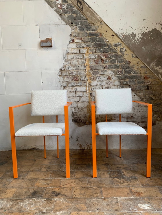 Image 1 of Paar postmoderne oranje fauteuils en boucléwol stof