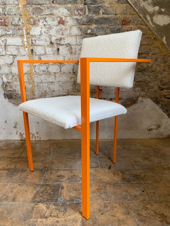 Image 1 of Paar postmoderne oranje fauteuils en boucléwol stof