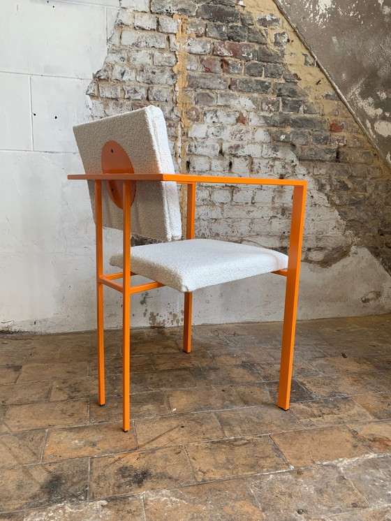 Image 1 of Paar postmoderne oranje fauteuils en boucléwol stof