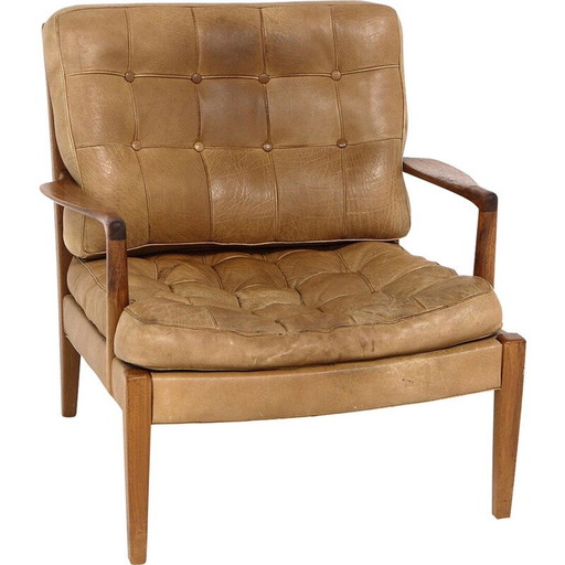 Vintage "Löven" fauteuil in teak en leer van Arne Norell, Zweden 1960