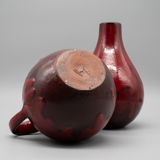 Image 1 of 2x Töpferei Studio Keramische Oxblood Rode Glazuur Vaas van Hartwig Heyne