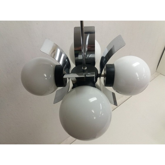 Image 1 of Vintage kroonluchter van metaal en melkglas, Tsjecho-Slowakije 1965