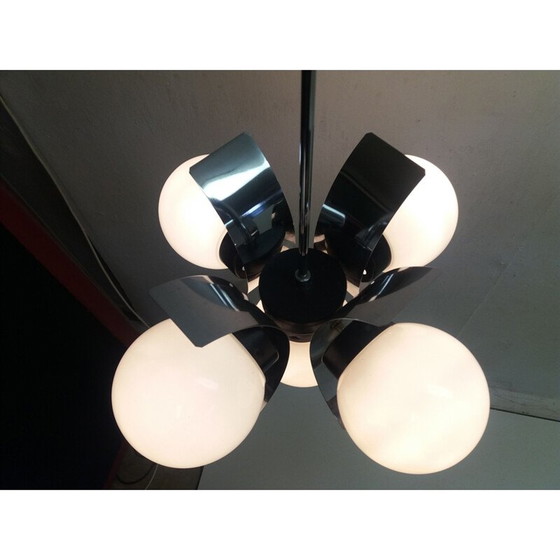 Image 1 of Vintage kroonluchter van metaal en melkglas, Tsjecho-Slowakije 1965