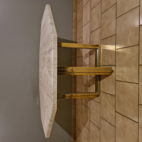 Image 1 of Vintage eettafel van messing en chroom met travertijnen blad