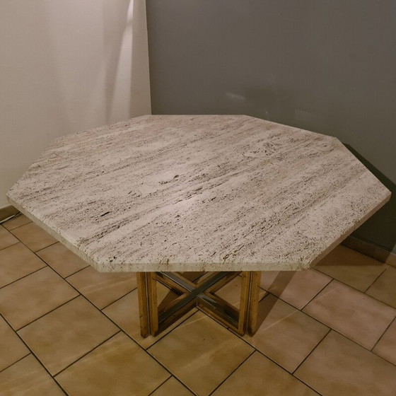 Image 1 of Vintage eettafel van messing en chroom met travertijnen blad