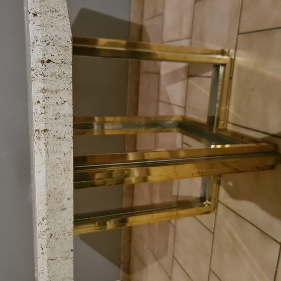 Image 1 of Vintage eettafel van messing en chroom met travertijnen blad