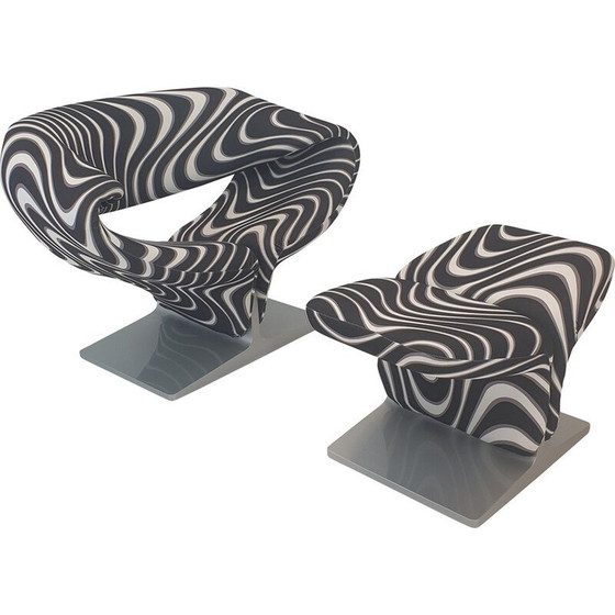 Image 1 of Vintage "Ribbon" stoel met voetenbank in zwarte momentum stof van Pierre Paulin voor Artifort, Frankrijk 1990