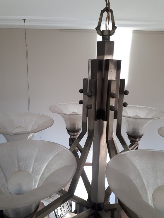 Image 1 of Vintage Franse vernikkelde Art Deco hanglamp