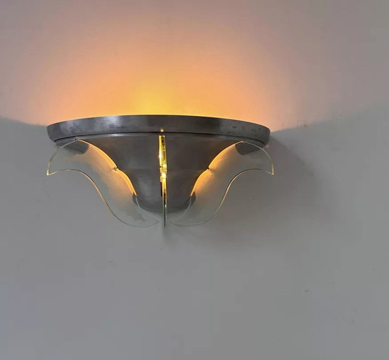 Image 1 of Vintage Art Deco wandlamp, geborsteld metaal en glas, Frankrijk 1930