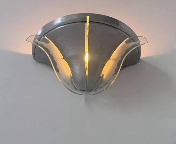 Image 1 of Vintage Art Deco wandlamp, geborsteld metaal en glas, Frankrijk 1930