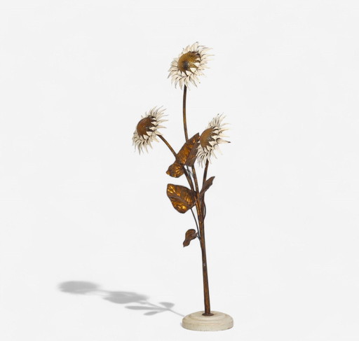 Staande Lamp Met Bloemen / Zonnebloemen, Beschilderd Metaal, Italië ca 1970