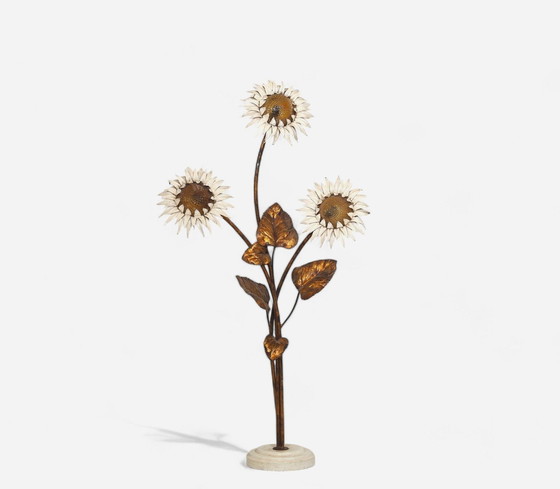 Image 1 of Staande Lamp Met Bloemen / Zonnebloemen, Beschilderd Metaal, Italië ca 1970