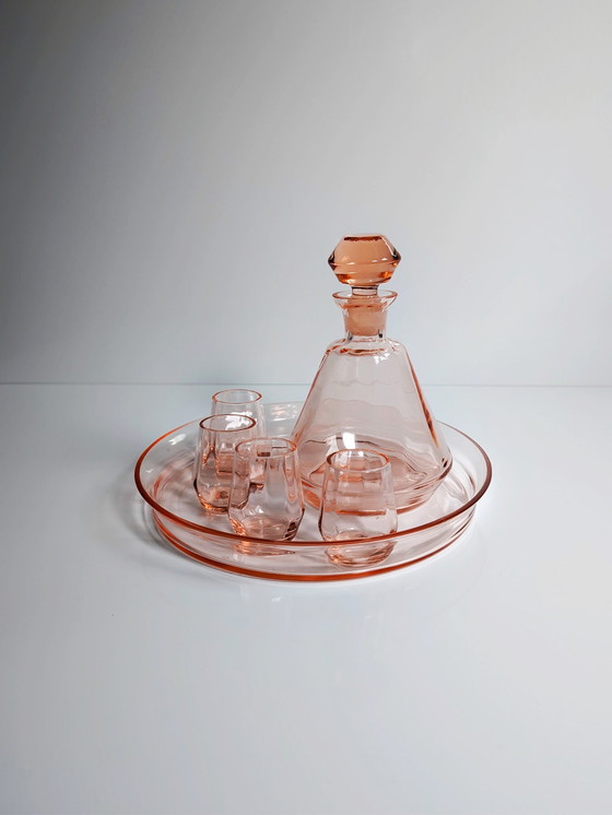 Image 1 of Art Deco Likeur Set Schnapps Karaf Dienblad Glas Rosalin Roze jaren 30 jaren 20 Bauhaus