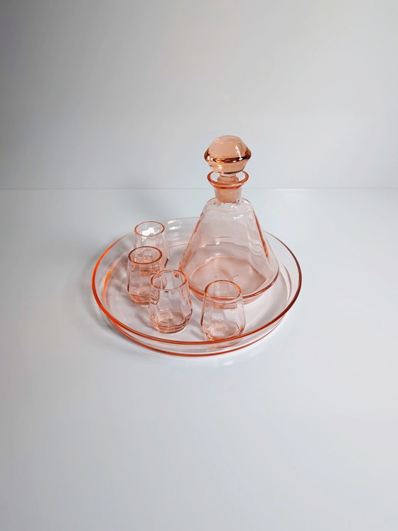 Image 1 of Art Deco Likeur Set Schnapps Karaf Dienblad Glas Rosalin Roze jaren 30 jaren 20 Bauhaus