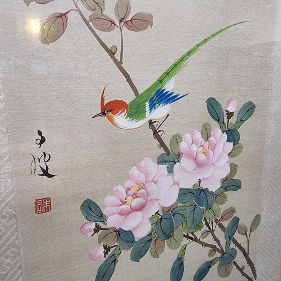 Image 1 of Vintage Chinees Schilderij Op Zijde Vogel