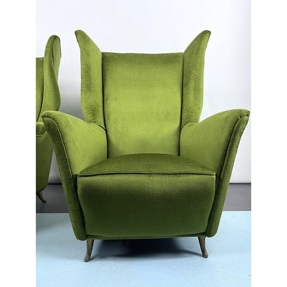 Image 1 of Paar Italiaanse Mid Century Isa fauteuils van groen fluweel, 1950