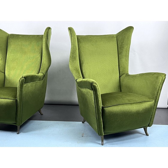 Image 1 of Paar Italiaanse Mid Century Isa fauteuils van groen fluweel, 1950