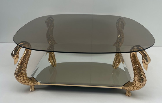 Image 1 of Vintage salontafel met messing zwanen