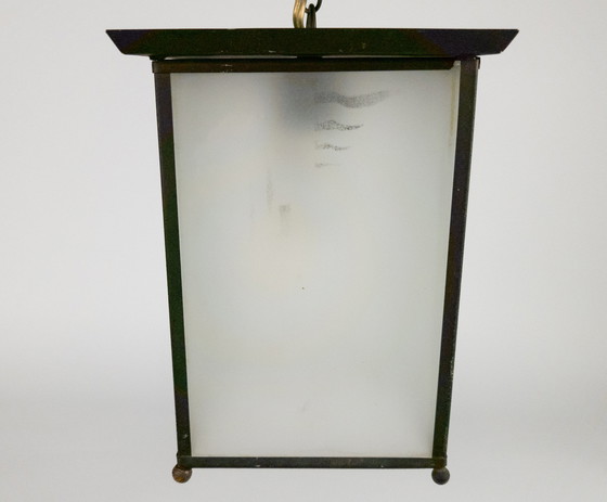 Image 1 of Amsterdamse school - lantaarnlamp - hanglamp - koper - glas - 1e kwart 20e eeuw