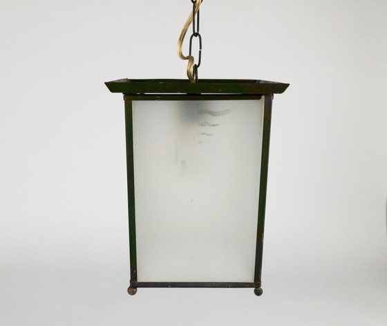 Image 1 of Amsterdamse school - lantaarnlamp - hanglamp - koper - glas - 1e kwart 20e eeuw