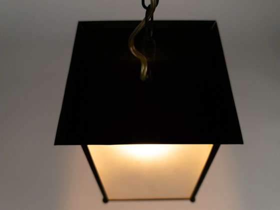 Image 1 of Amsterdamse school - lantaarnlamp - hanglamp - koper - glas - 1e kwart 20e eeuw