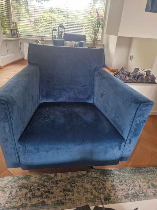 2x Piet Klerkx fluwelen blauwe fauteuils