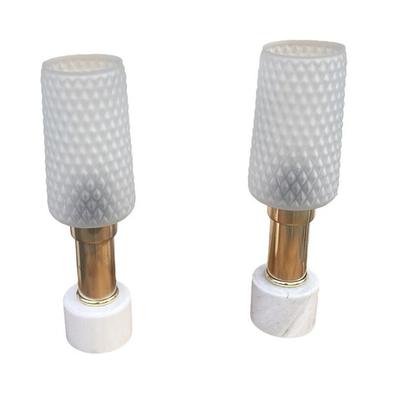 Image 1 of Paar vintage marmeren en glazen bedlampjes voor Veb Narva Leuchtenbau Lengefeld, Duitsland 1960