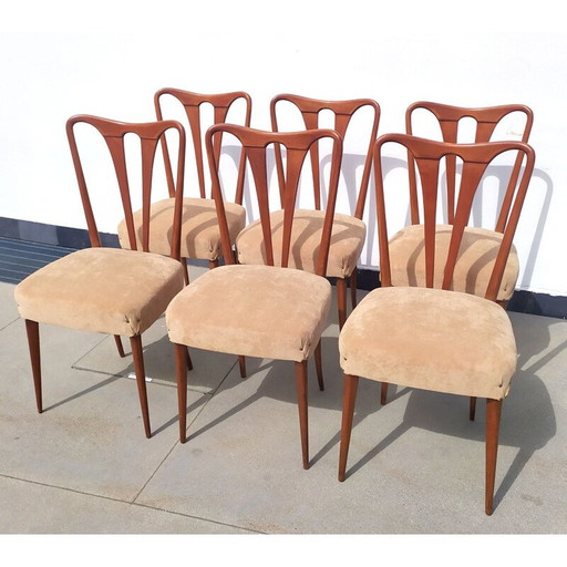 Set van 6 vintage stoelen van hout en stof, jaren 1940