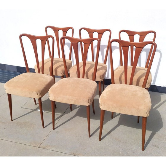 Image 1 of Set van 6 vintage stoelen van hout en stof, jaren 1940