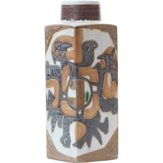 Image 1 of Scandinavische vintage vierkante vaas van keramiek met Baca patroon 805 3259 door Johanne Gerber voor Royal Copenhagen, 1960