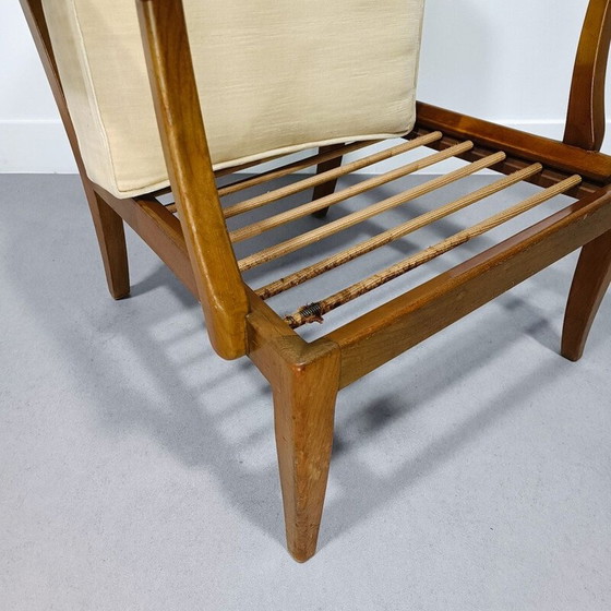 Image 1 of Vintage walnoot en fluwelen fauteuil van Knoll Antimott