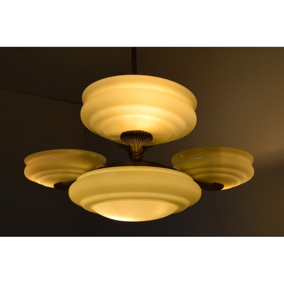 Image 1 of Vintage Art deco kroonluchter van glas en messing, Tsjecho-Slowakije 1930